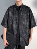 Summer Casual Loong Print Stand Collar Half Sleeve Shirt for Men