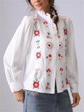 Women's White French Style Flowers Embroidery Ruffled Shirt