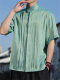 Men's Chinese Style Stand Collar Pleated Short Sleeve Shirts