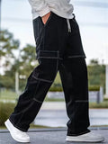 Mens Cargo Jeans Drawstring Waist Wide Leg Loose Fit Pants