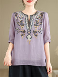 Loose Women's V-Neck Ethnic Style Embroidered Shirts