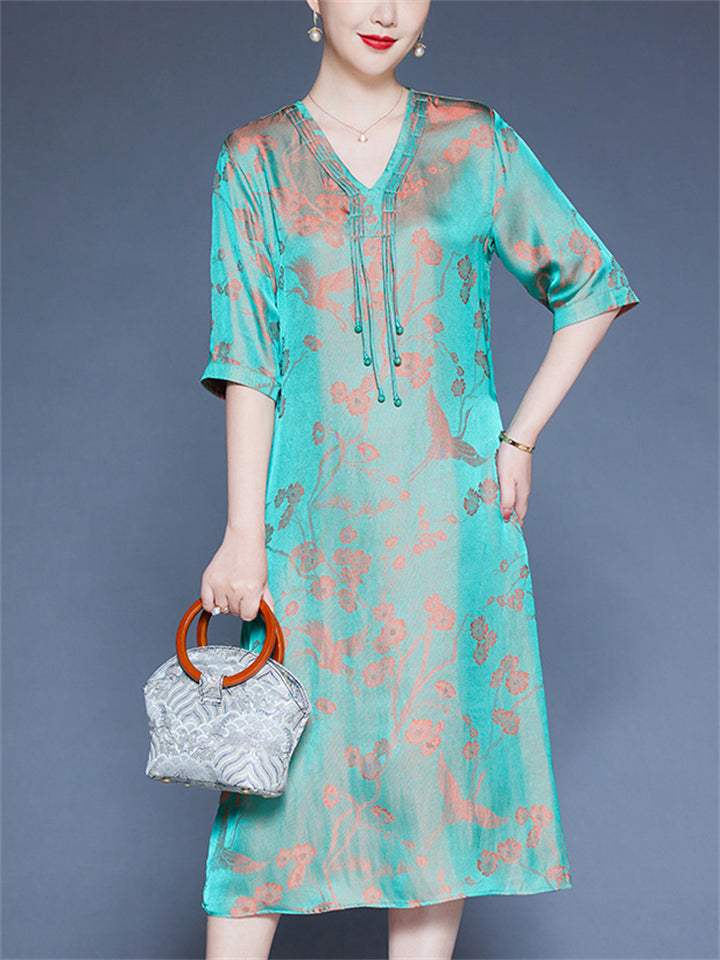 Women's Xiang Yunsha Birds Print Contrast Color V-neck Half Sleeve Dress