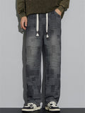 Men's American Retro Casual Spring Autumn Loose Straight Plaid Denim Pants