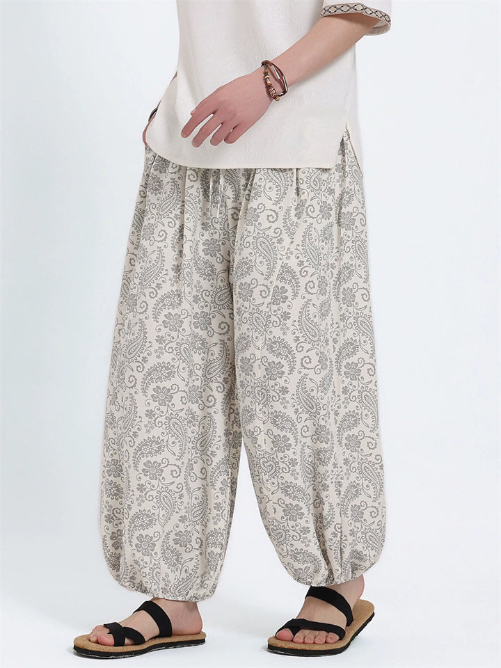 Mens Summer Ice Silk Paisley Print Loose Fit Harem Pants