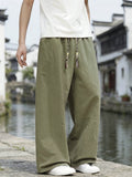 Men Japanese Streetwear Cotton Linen Drawstring Baggy Wide Leg Pants