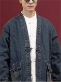 Men's Solid Color Long Sleeve Collarless Cardigan Denim Jacket