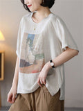 Summer Casual Cotton Linen Painting Print Round Neck T-shirt for Women