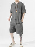 Men's 2Pcs Summer Round Neck Short Sleeve Solid Color Outfits
