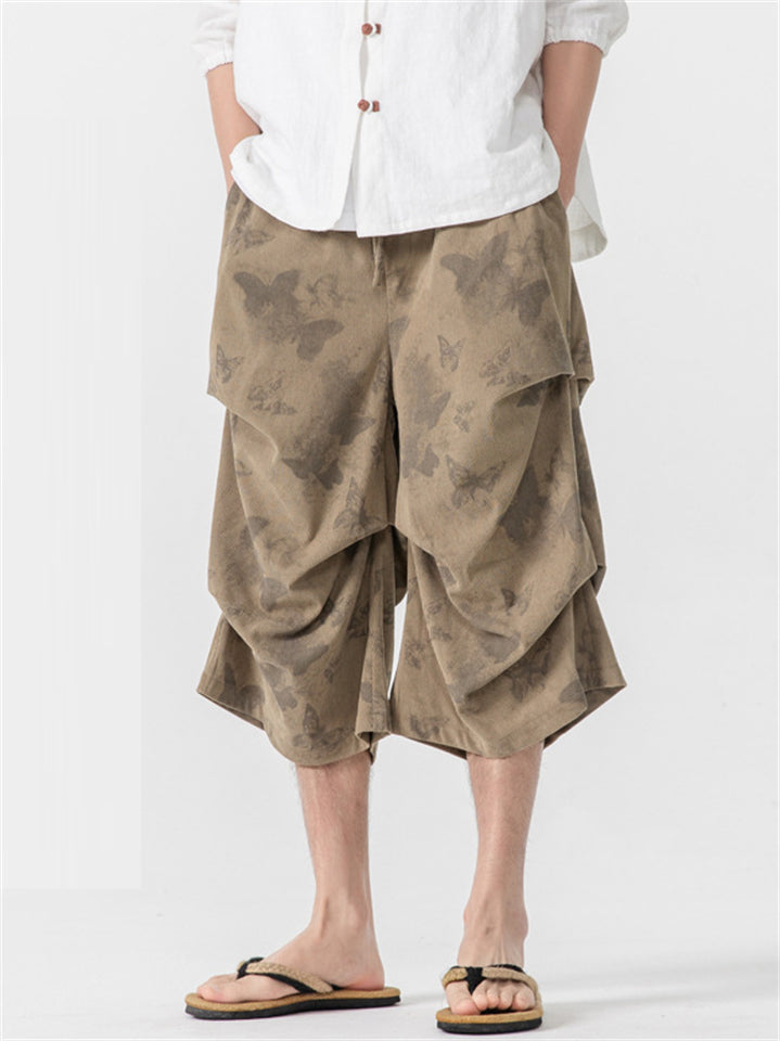 Men's Summer Comfy Hanfu Pleated Print Casual Capri Pants
