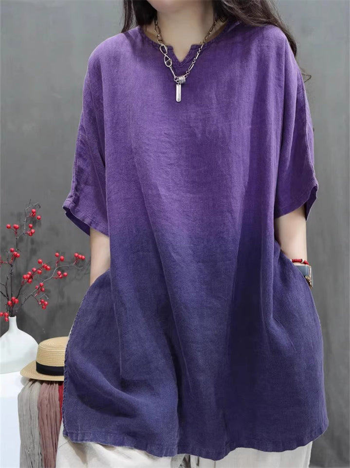 Women's Summer Gradient Distressed Loose Splited Short Sleeve Shirt