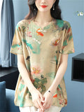 Women's Loose Print Short Sleeve Slant Placket Knit Shirts