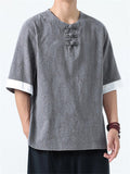 Men's Casual Chinese Style Print Round Collar Half Sleeve Shirt