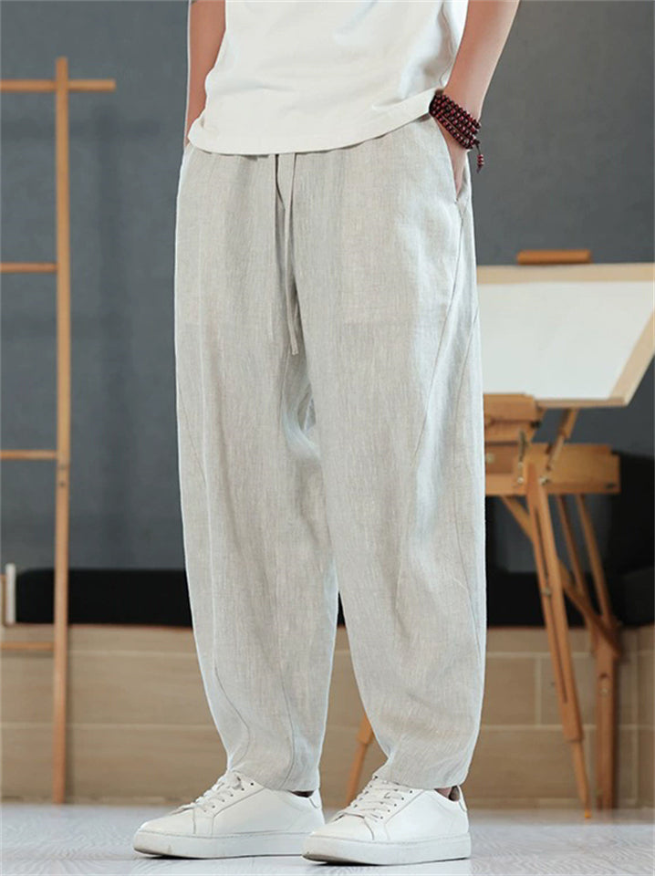 Mens  Summer Linen Loose Fit Drawstring Wide Leg Carrot Pants