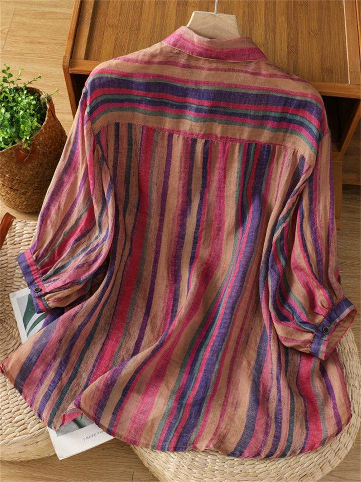 Women's Summer Elegant Retro Striped Button Up Half Sleeve Shirts