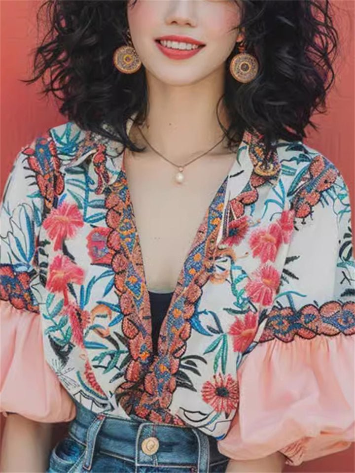 Summer Floral Embroidery V-Neck Bubble Sleeve Shirt for Women