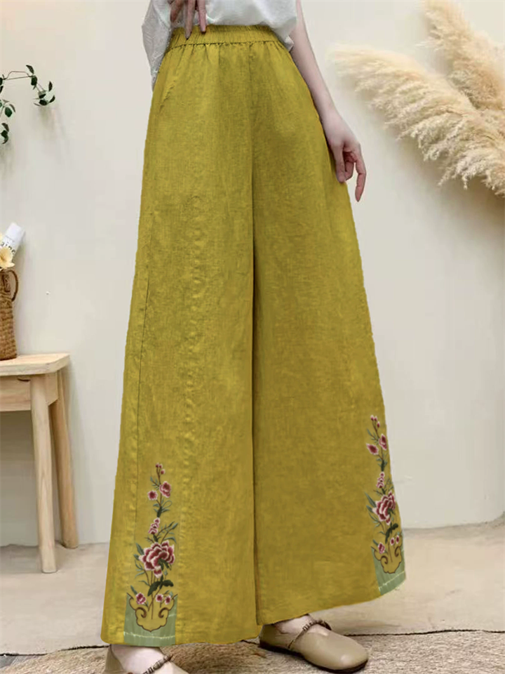 Retro Yellow Floral Embroidered Elastic Wide Leg Pants for Women