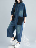 Retro Female Contrast Color Pockets Denim Jumpsuits