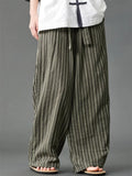 Mens Summer Vintage Chinese Zen Style Striped Wide Leg Lounge Pants