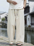Men Japanese Streetwear Cotton Linen Drawstring Baggy Wide Leg Pants