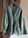 Women's Vintage V-Neck Loose Linen Texture Long Sleeve Shirts