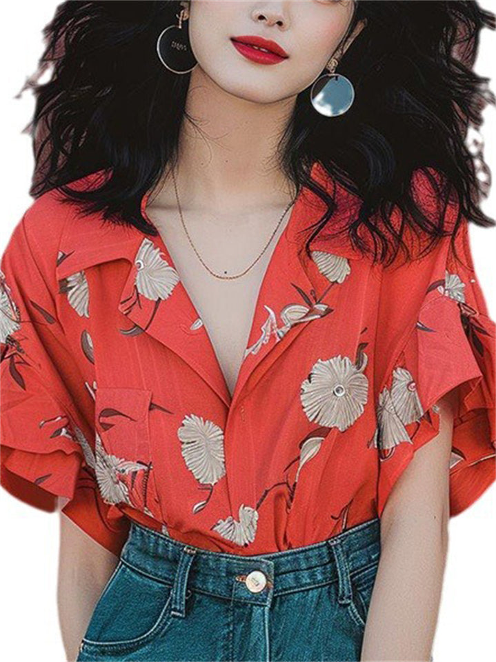 Female Summer Red Floral Print V-Neck Ruffled Sleeve Shirt