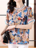 Comfy Elegant Summer Chiffon O-Neck Short Sleeve Shirt for Women