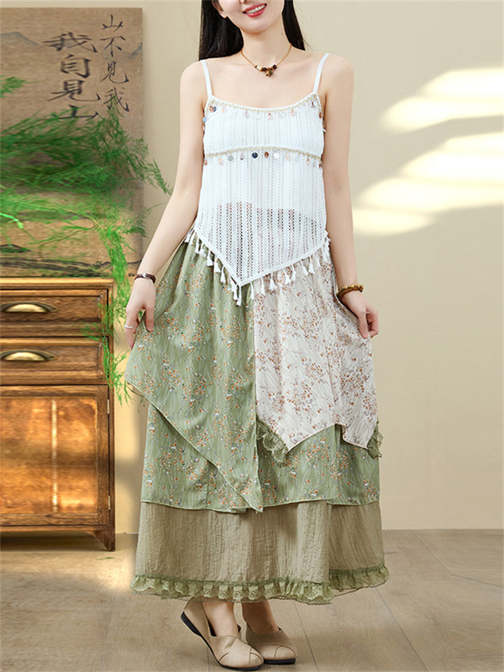 Women's White Sequin Fringe Strap Top & Print Asymmetric Skirt Set