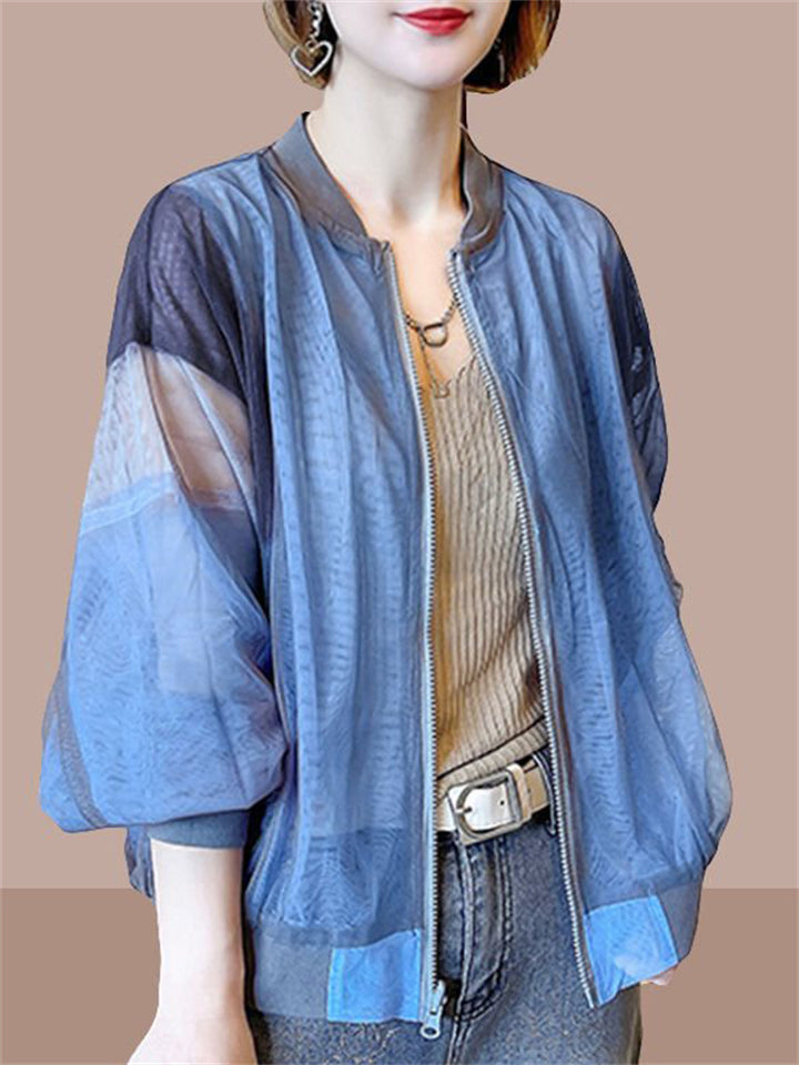 Women's Contrast Color Double Layer Mesh Zip Up Jacket