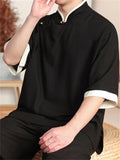 Ethnic Style Slant Opening Plate Buttons Linen Tops and Wide Leg Pants Set for Men