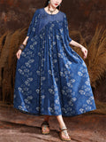 Vintage Print Round Neck Half Sleeve Pleated Swing Dress for Women