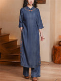 Women Ethnic Medium Long Sleeves Denim Cheongsam Style Top and Elastic Waist Pant Set