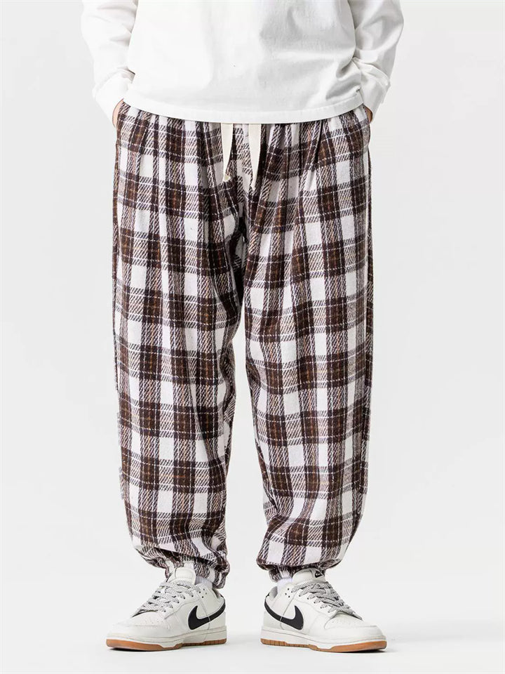 Japanese Style Autumn Plaid Drawstring Loose Jogger Pants for Men