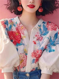 French Style Floral Print Puff Short Sleeve Shirt for Women