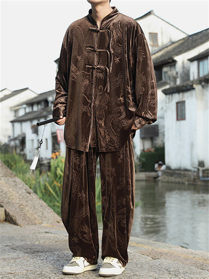 Men's 2Pcs Autumn Chinese Loong Printed Velvet Frog Button Long Sleeve Outfits