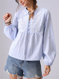 Women's French Style Embroidery Blue Stripe Shirts
