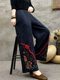 Women's Ethnic Style Floral Embroidered Frog Button Decor Wide Leg Pants