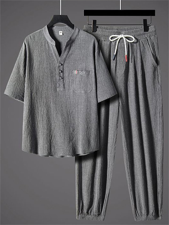 Men's 2Pcs Summer Comfy Frog Button V Neck Solid Color Outfits