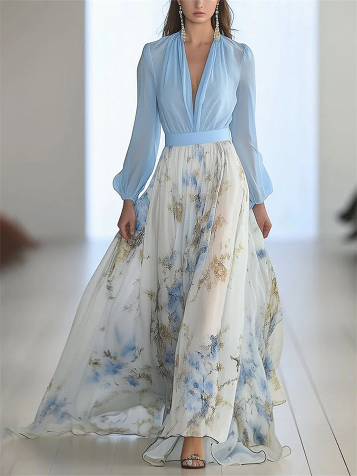 Women's Contrast Color Patchwork Long Sleeve V Neck Maxi Dress