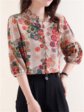 Summer Retro Elegant Floral Print Half Sleeve Shirt For Women