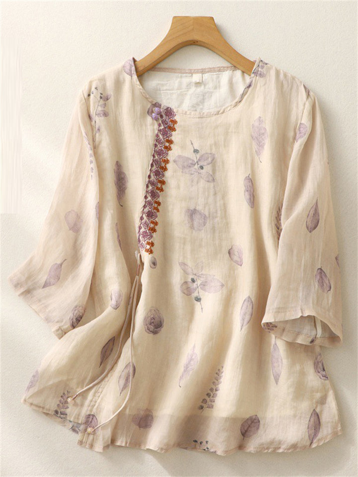 Women's Summer Casual Floral Print Embroidery 3/4 Sleeve Shirt