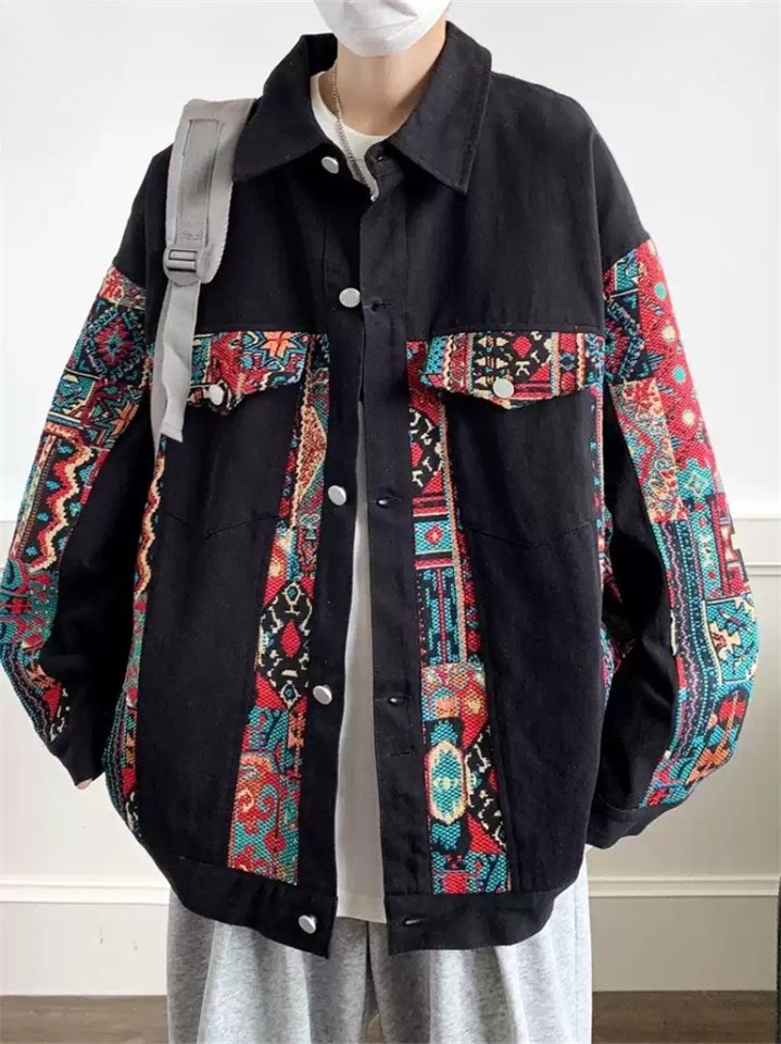 Retro Loose Jacquard Patchwork Cargo Jacket for Men