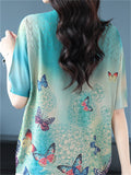 Women's Loose Butterfly Print Round Neck Short Sleeve Knit T-Shirts