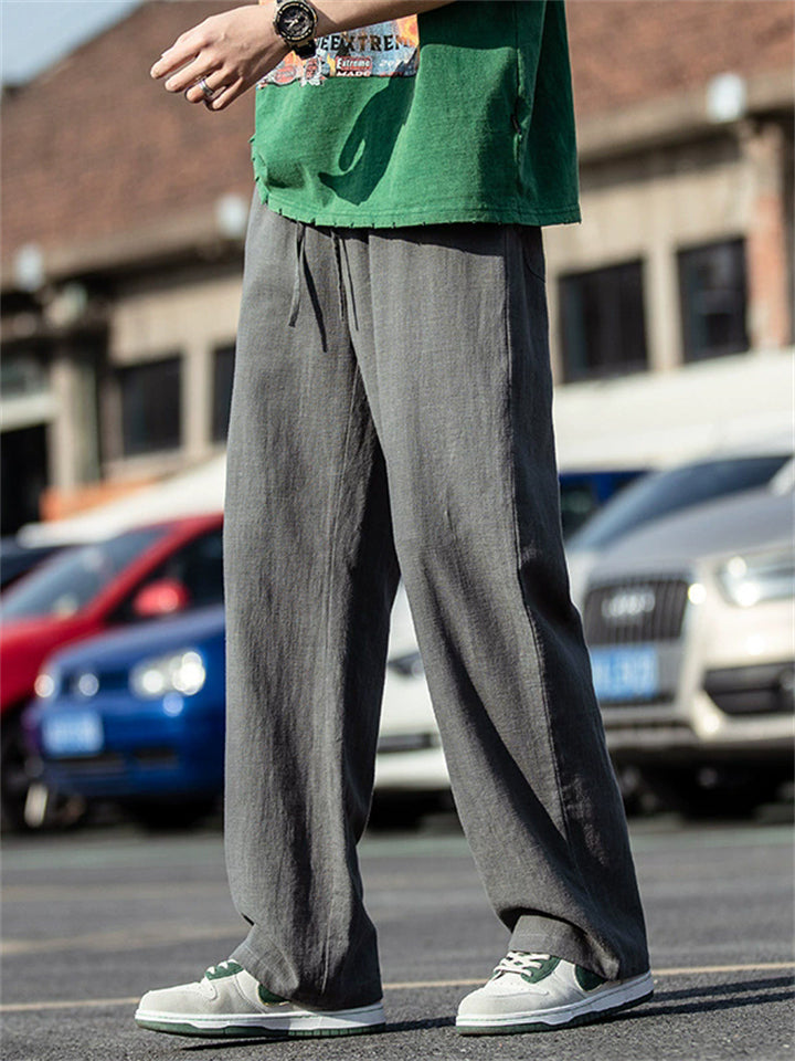 Drawstring Loose Fit Casual Ramine Linen Straight Leg Pants for Men