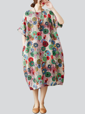 Flower Print Round Neck Mid-length Dress for Women