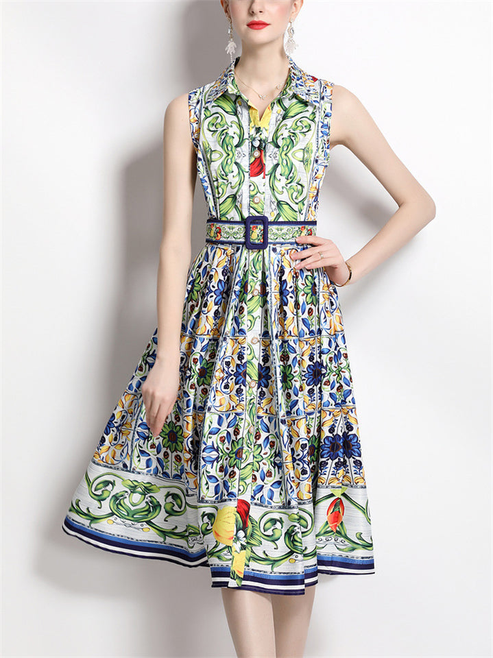 Women's Elegant Lapel Print Tie-waist Midi Dress