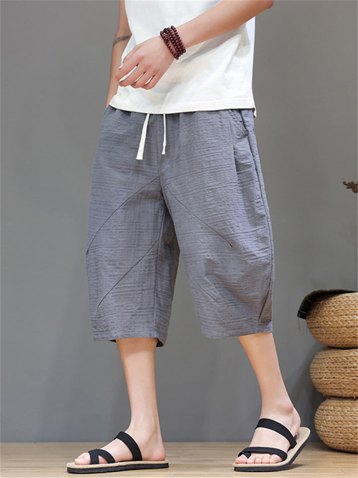 Men's Cotton Linen Solid Color Texture Drawstring Capri Pants