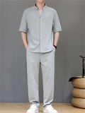 Men's 2Pcs Comfy Stand Collar V Neck Short Sleeve Solid Color Outfits