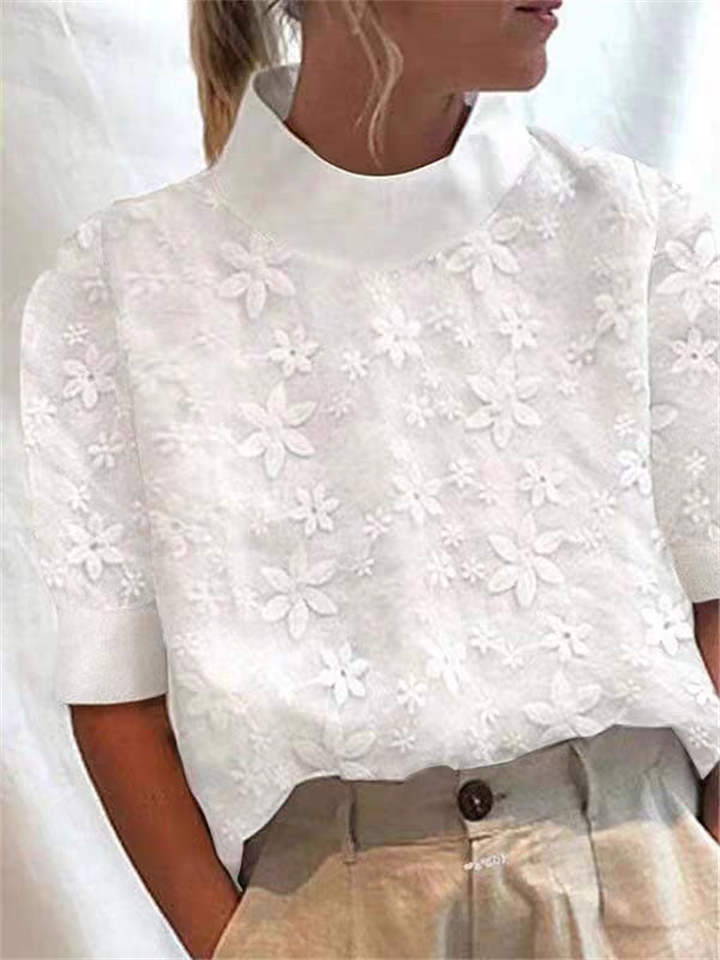 Women's Summer White Solid Color Embroidered Short Sleeve Shirts
