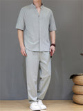 Men's 2Pcs Comfy Stand Collar V Neck Short Sleeve Solid Color Outfits