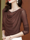 Women's Solid Color Mesh Patchwork O-Neck Long-sleeve Undershirt